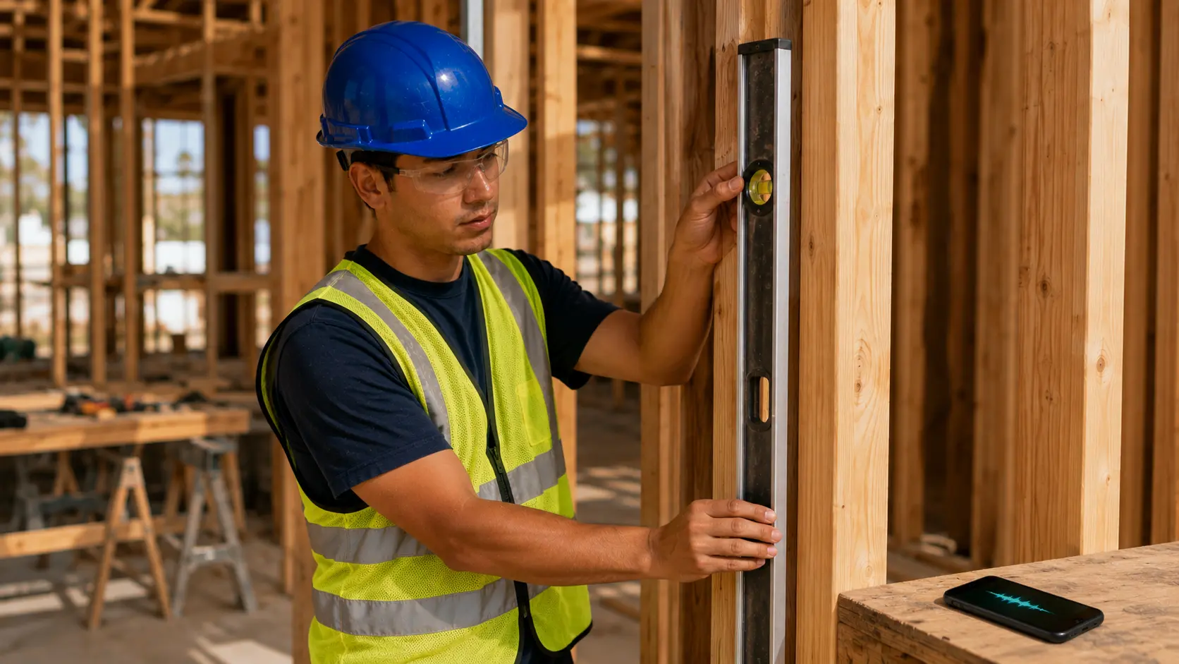 Construction worker checking a wall for plumb with a spirit level