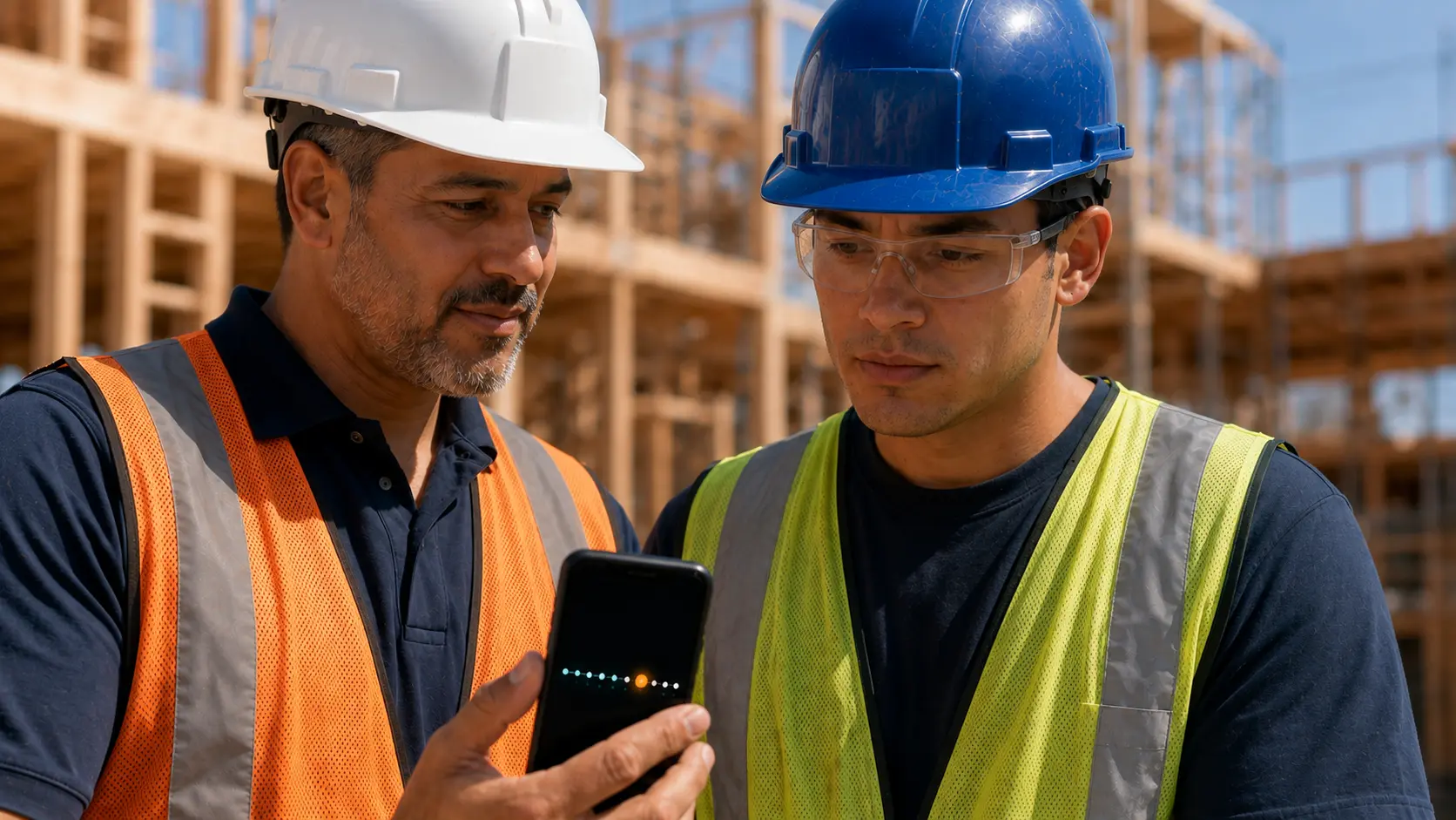 Foreman and crew member reviewing safety training on a phone